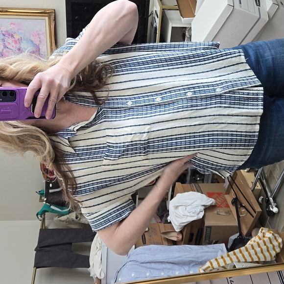 En Creme Women's Beige & Blue Striped Blouse Button Front Collar Top Size Small - Picture 3 of 13